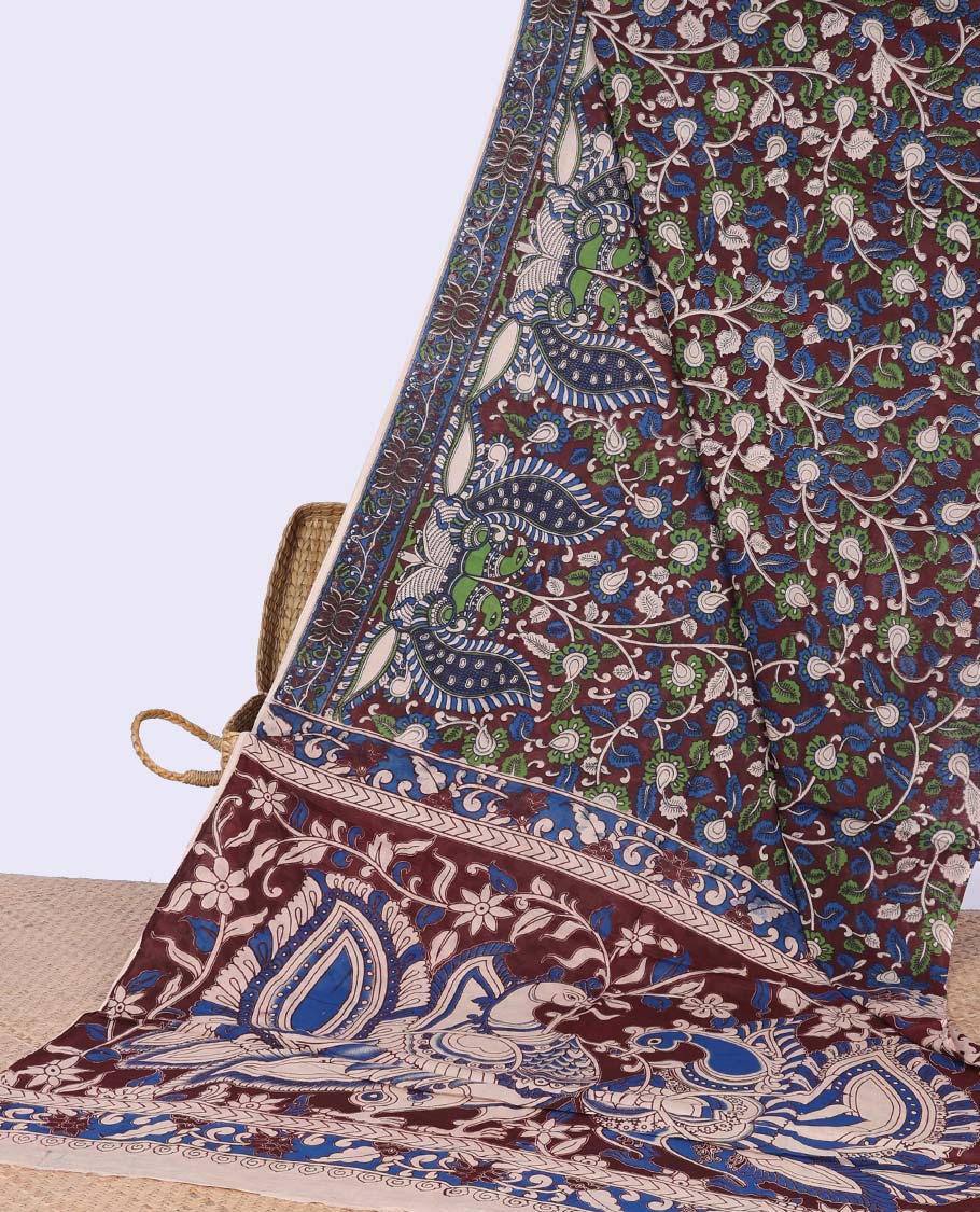 Blue floral vine, animal design machine-printed kalamkari cotton saree with contrast border & peacock design pallu