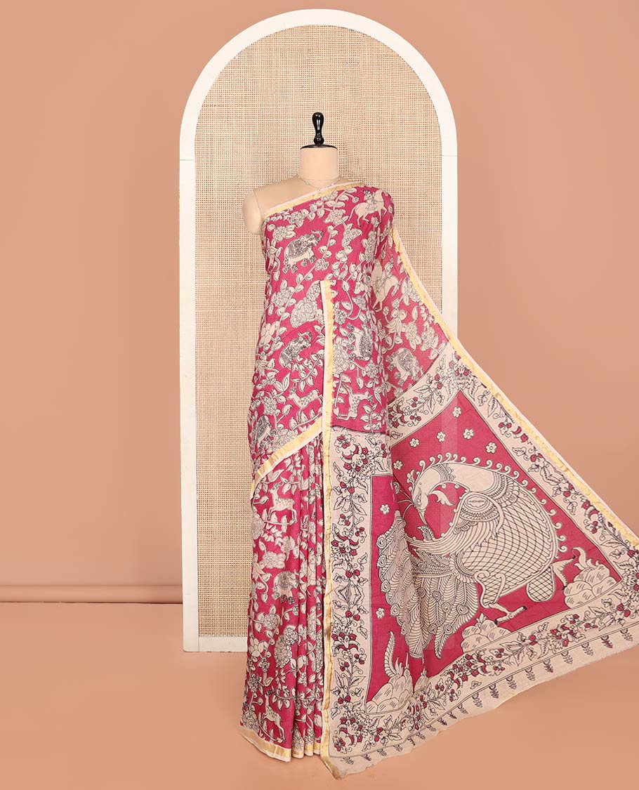 Pink Machine-Printed Kalamkari Cotton Saree Features Flora-Fauna Motifs, a Piping Border, Pallu of Peacock, and a Matching Blouse
