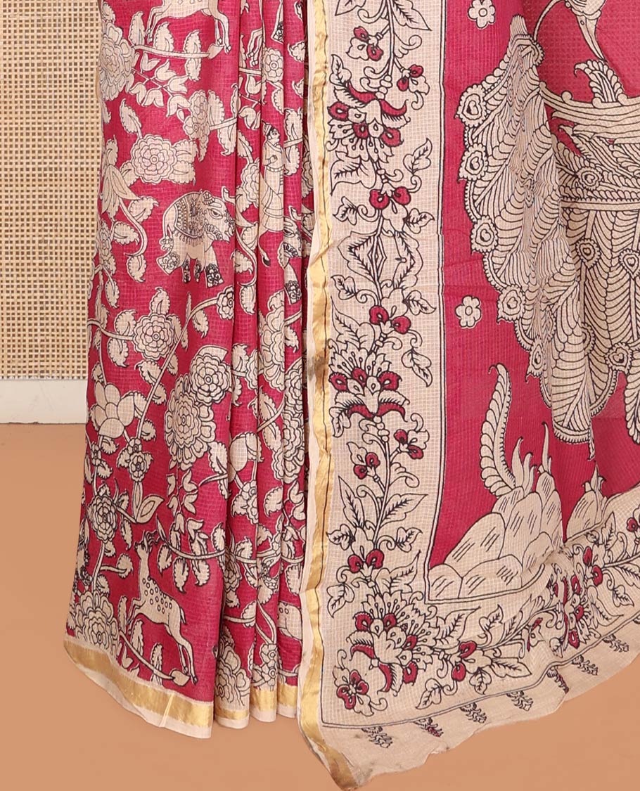 Pink Machine-Printed Kalamkari Cotton Saree Features Flora-Fauna Motifs, a Piping Border, Pallu of Peacock, and a Matching Blouse