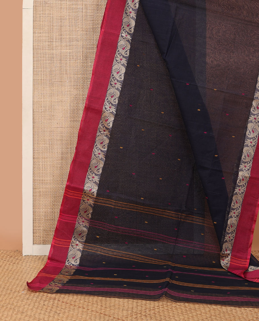 Navy blue meena buttas Bengal cotton saree, contrast paisley creeper meenakari design border & pallu of buttas & stripes