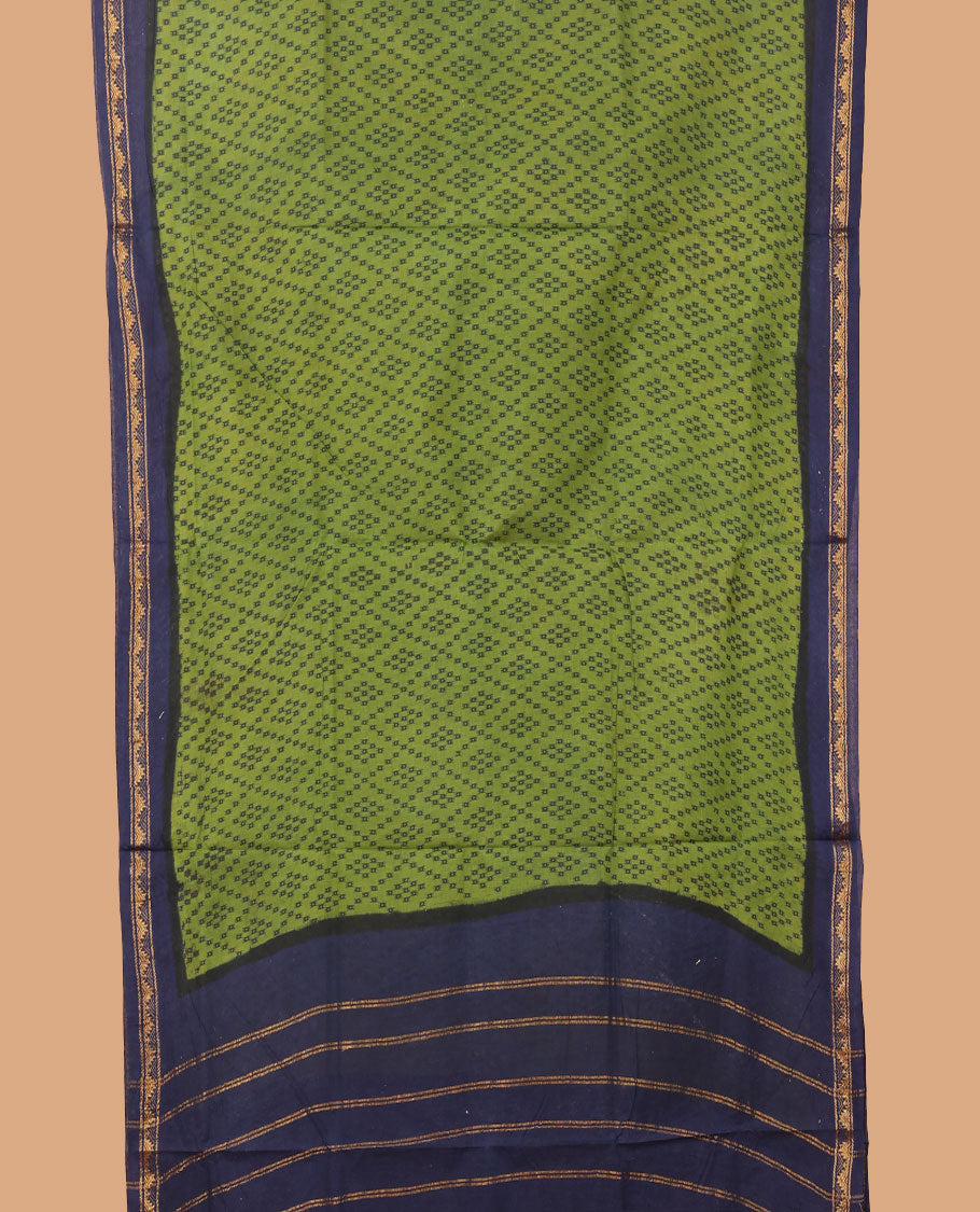 Green jaal design nine-yard cotton saree, contrast zari border, and pallu of zari stripes