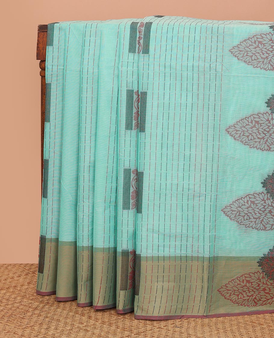 Blue dotted stripes, and square buttas Kanchi cotton saree, contrast border, and pallu of tree, and square motifs