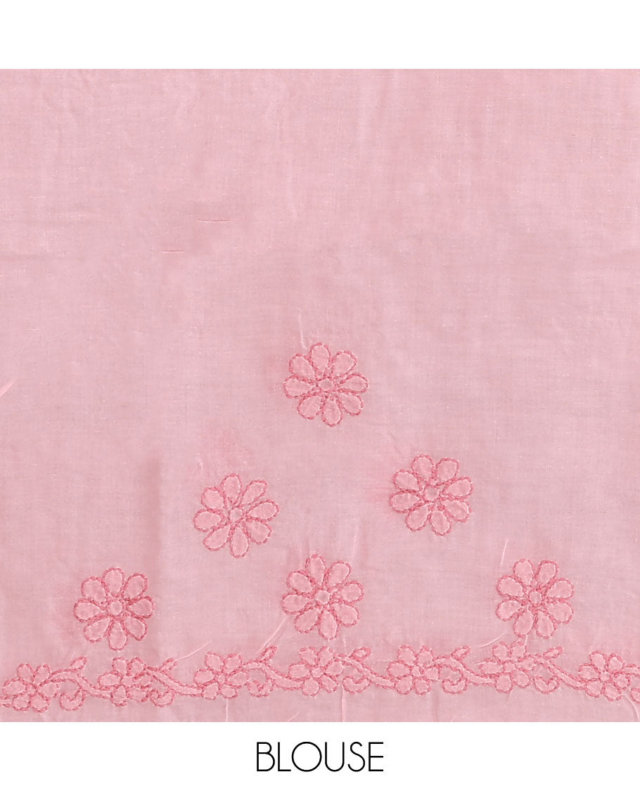 Pink floral thread embroidered buttas Lucknowi chikankari saree, floral creeper thread embroidered border, and floral embroidered pallu