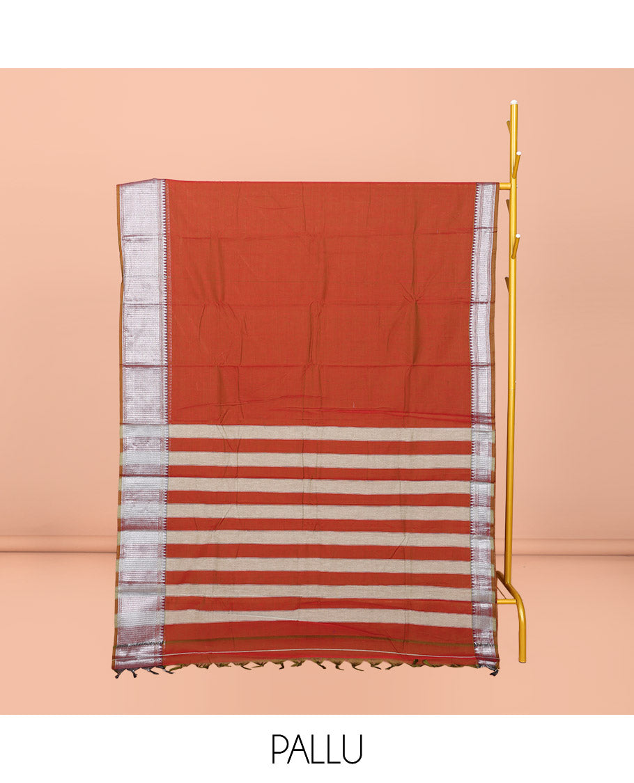 Rust Plain Narayanpet Cotton Saree, Complemented by a Contrast Traditional Design Border, Plain Pallu, and Comes Without a Blouse