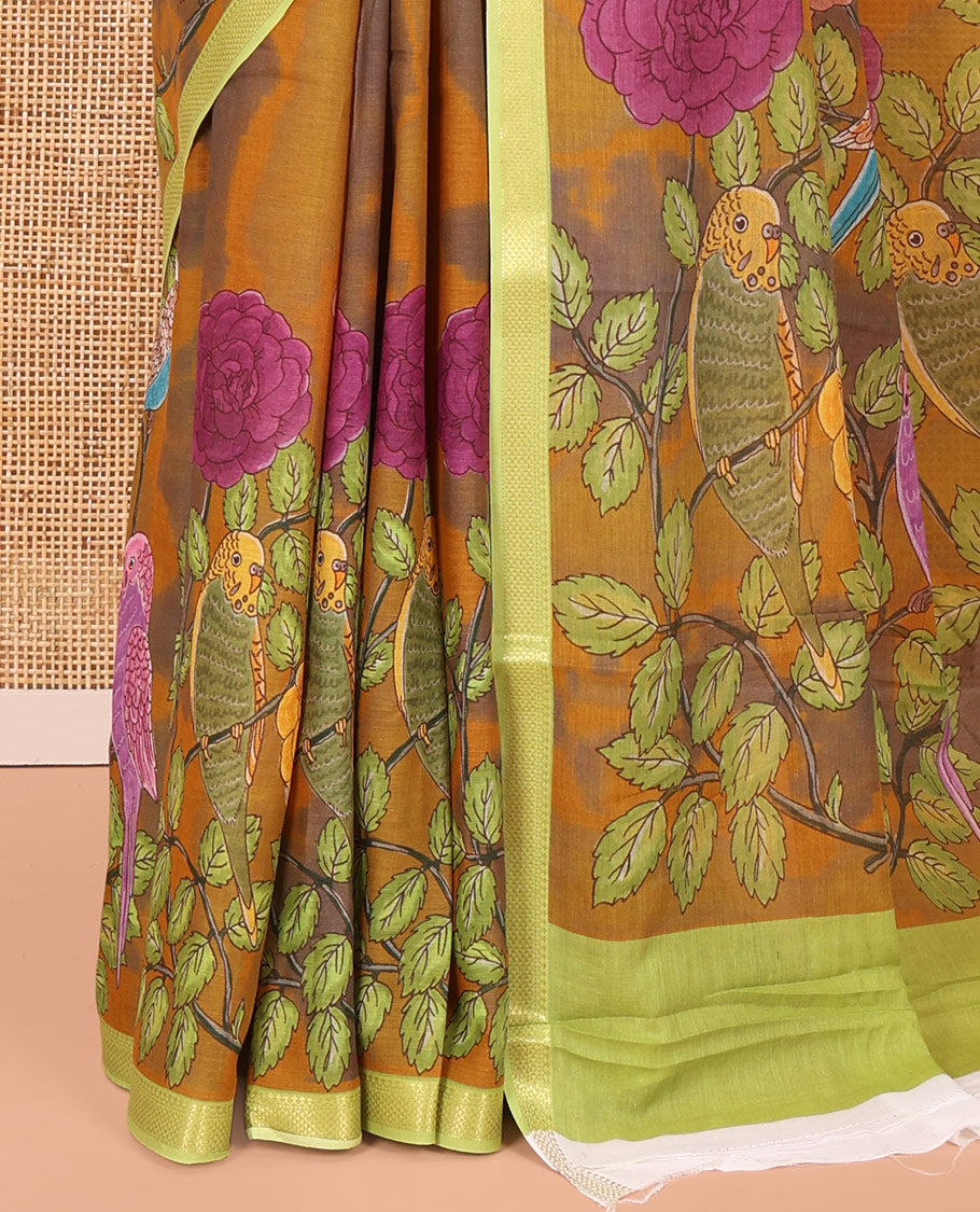 Mustard Andhra Cotton Saree, Embellished with Shibori and a Floral-Bird Print, a Contrast Zari Border, a Pallu of Floral-Bird Print, and a Contrast Blouse