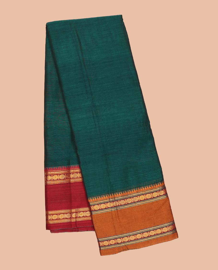 Green plain Narayanapet cotton saree, contrast traditional design ganga jamuna border & striped pallu