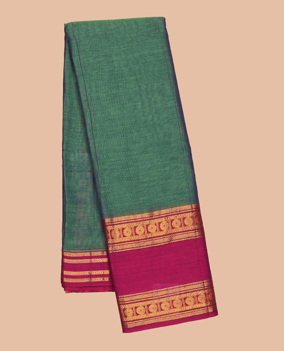 Green plain Narayanapet cotton saree, contrast traditional design border & striped pallu