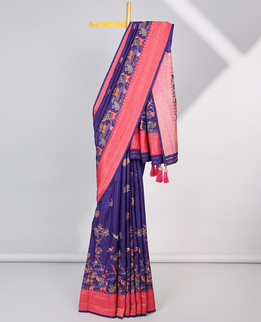 Purple floral motifs embroidery semi-banaras dola silk saree with contrast zari border & floral vine embroidery pallu
