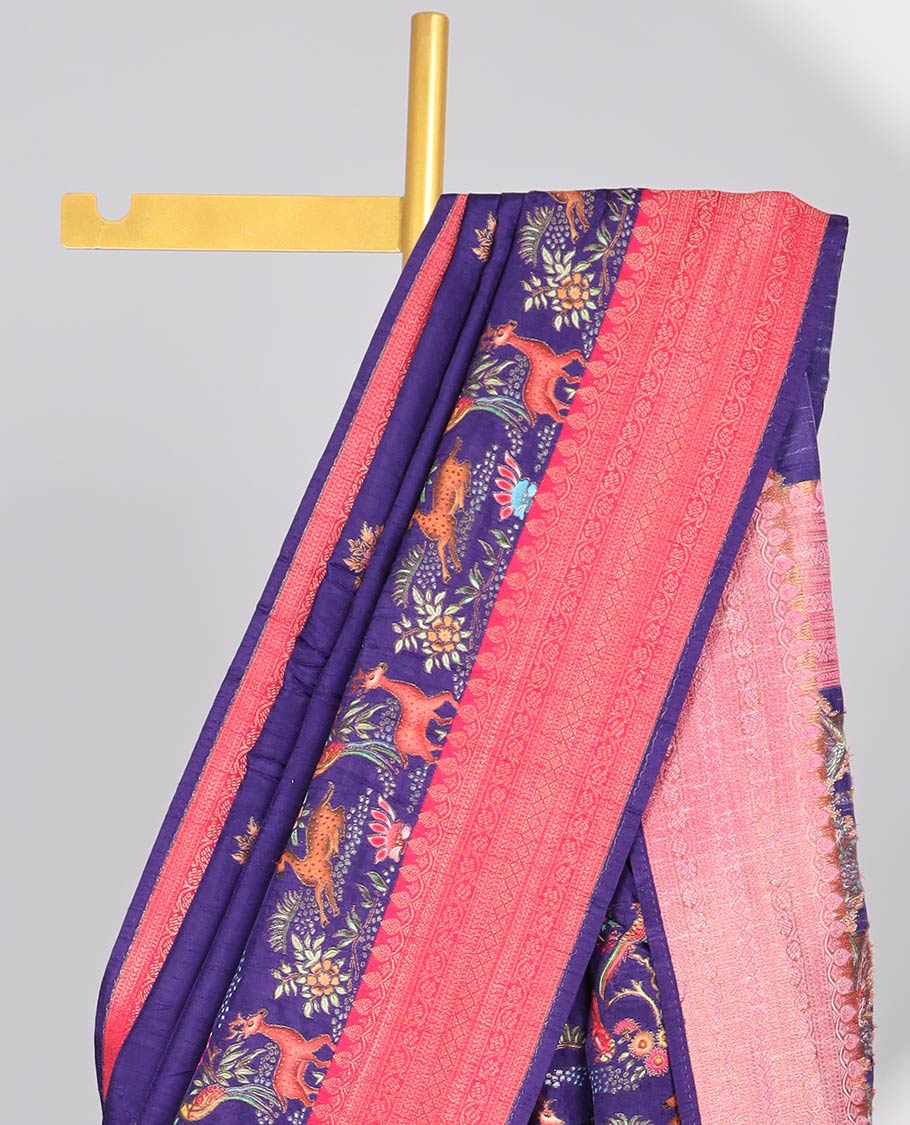 Purple floral motifs embroidery semi-banaras dola silk saree with contrast zari border & floral vine embroidery pallu