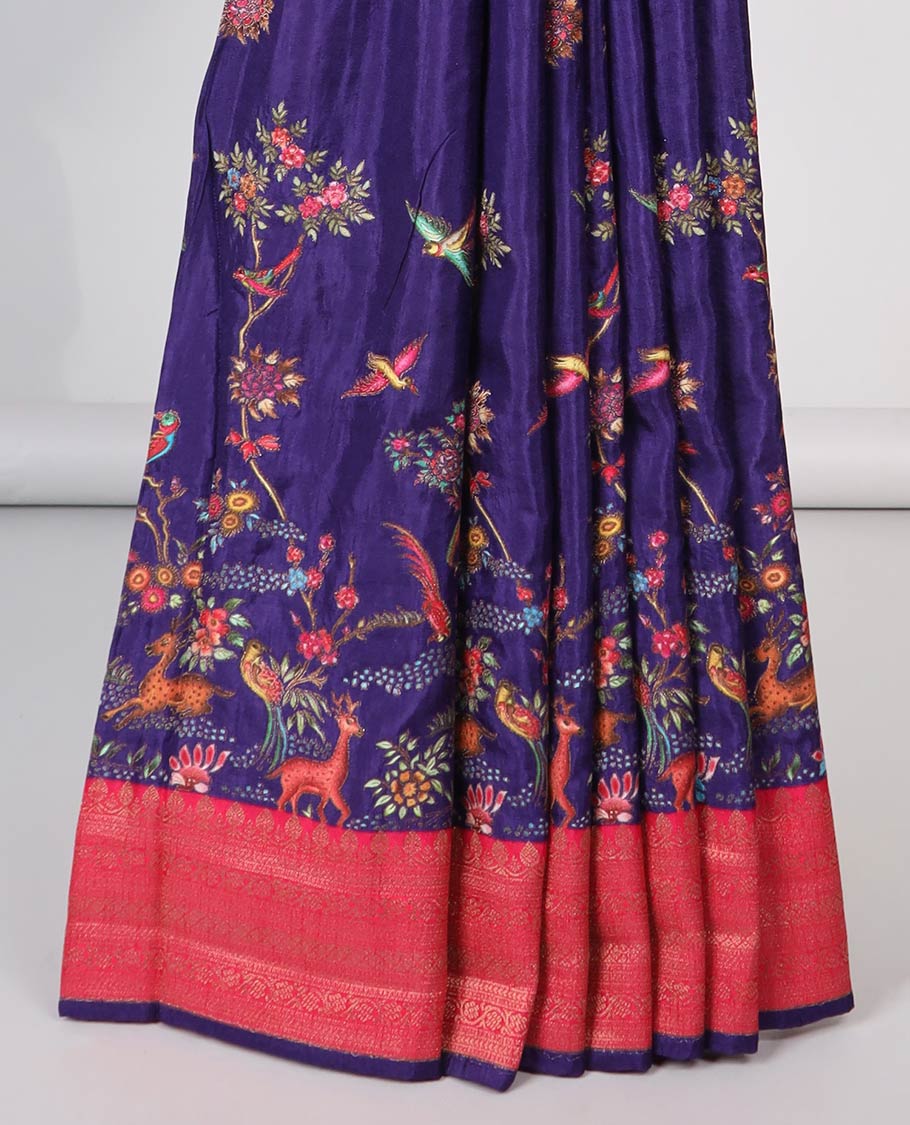 Purple floral motifs embroidery semi-banaras dola silk saree with contrast zari border & floral vine embroidery pallu
