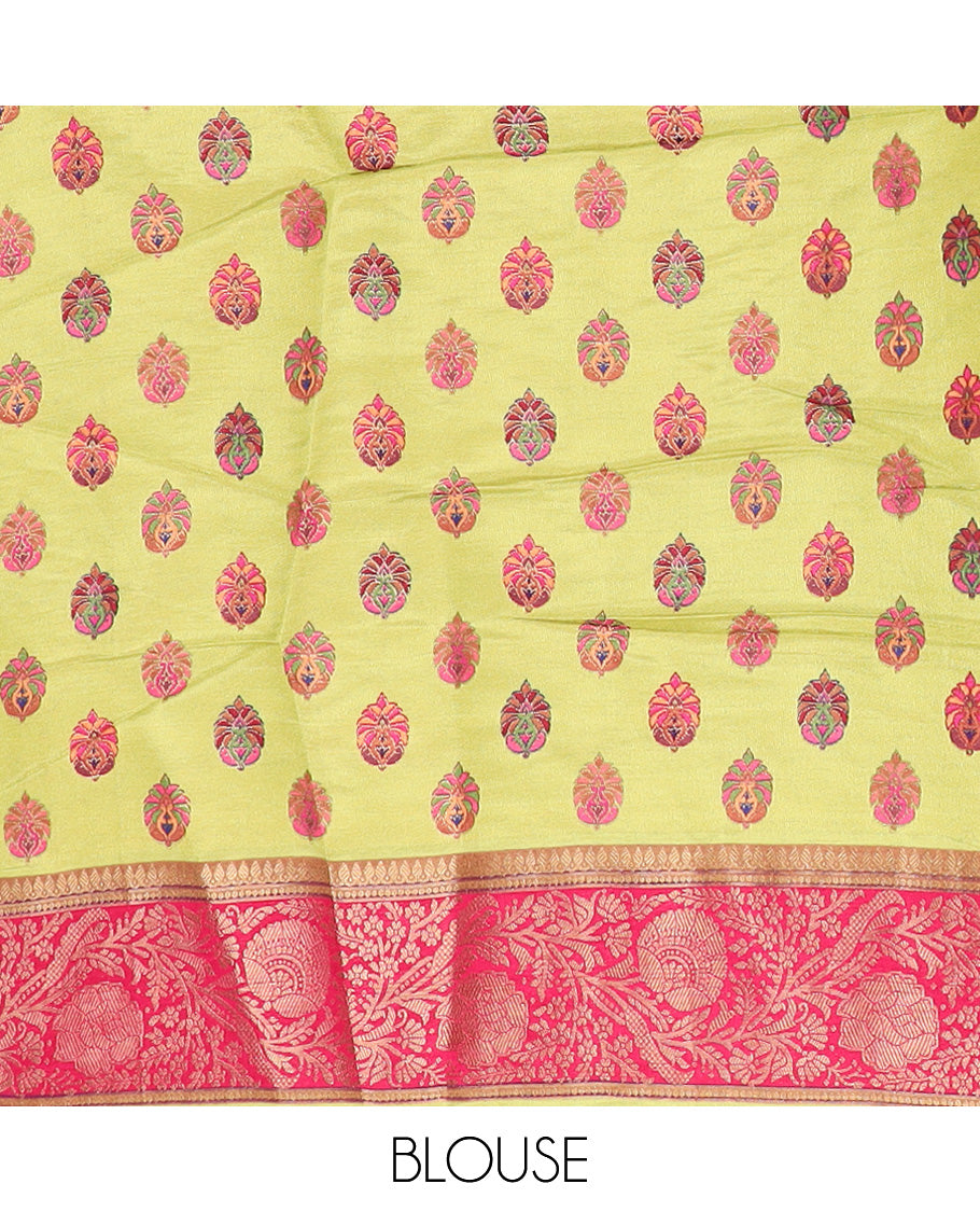 Green colorful floral vine and bird digital printed dola silk saree, contrast floral zari border, and meenakari paisleys pallu