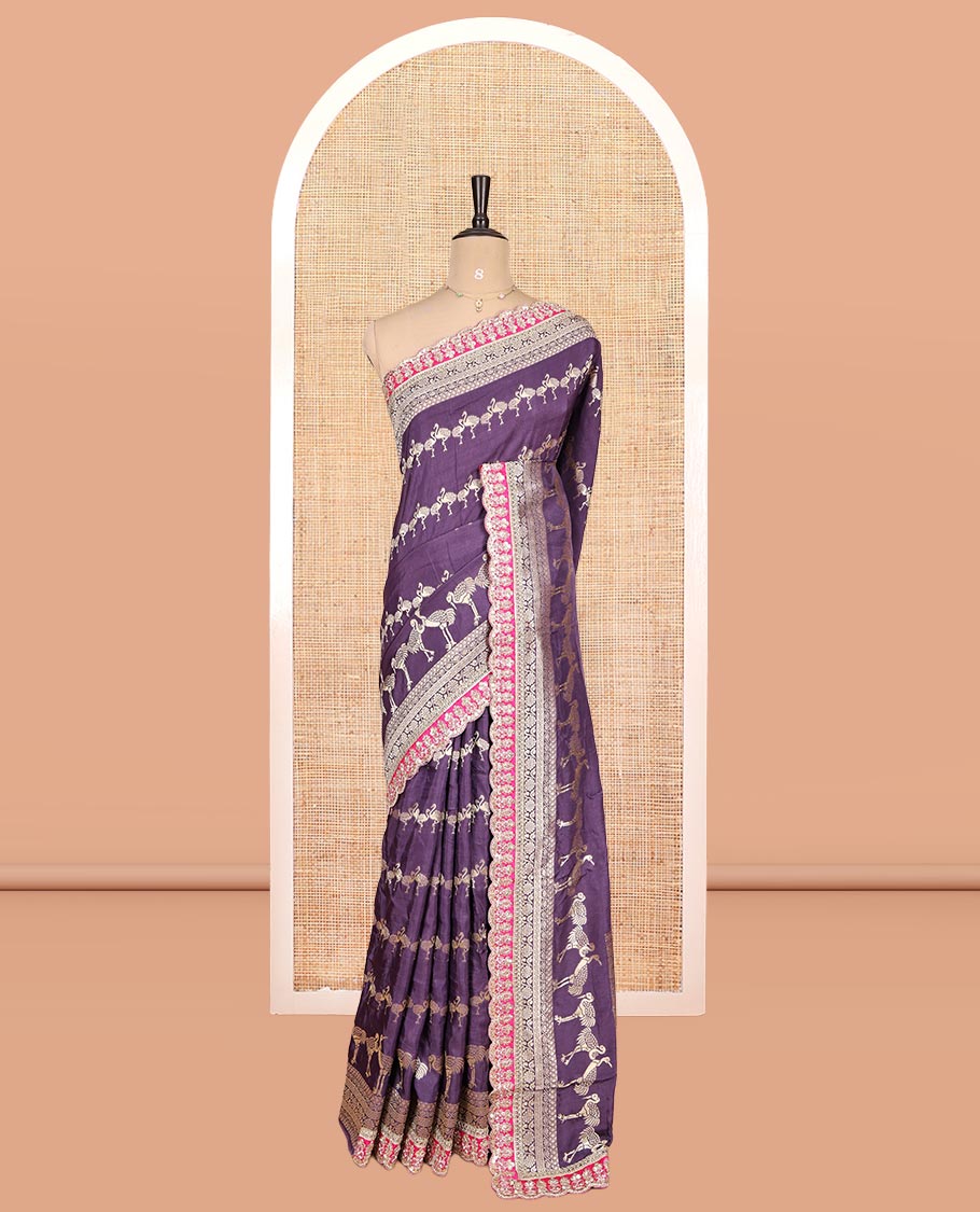 Lavender Bird Buttas Russian Dola Silk Saree, Contrast Patchwork Border, Matching Blouse