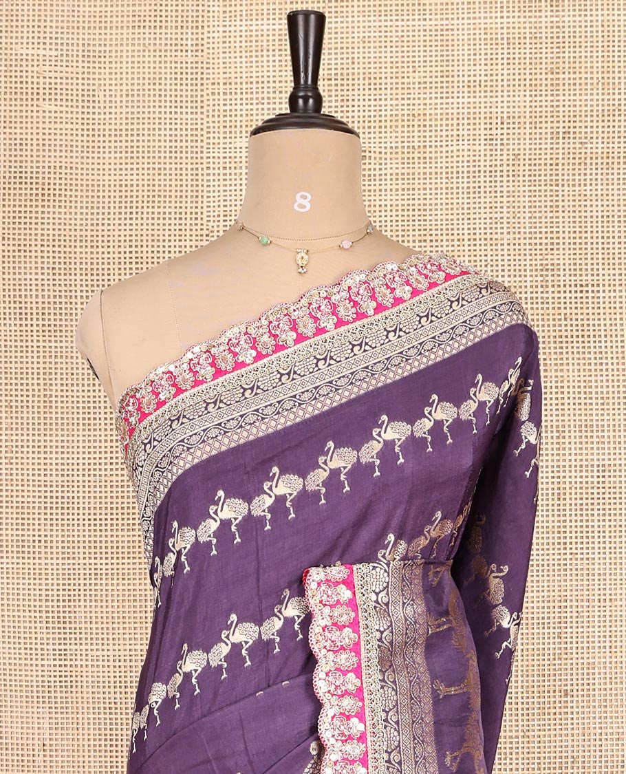 Lavender Bird Buttas Russian Dola Silk Saree, Contrast Patchwork Border, Matching Blouse