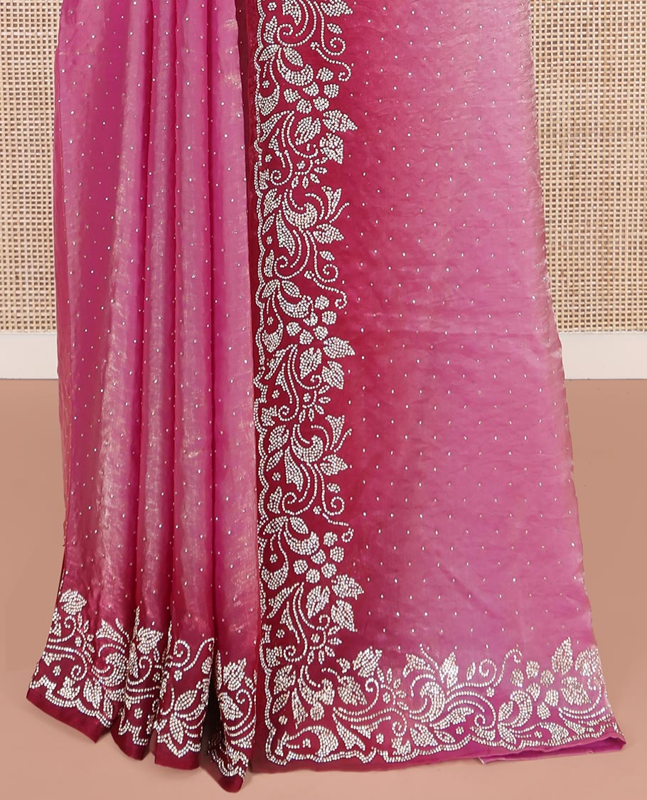Purple Designer Saree, Accentuated with Stone Struck on Its Body, Complemented by a Contrast Floral Design Stone Work Border, Pallu of Stone Work, and Paired with a Contrast Blouse