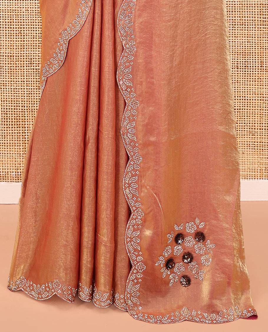 Pink Designer Saree, Spotlighted with Stone Work Embroidery On Its Body, Scallop Embroidered Border, and Paired with a Matching Blouse