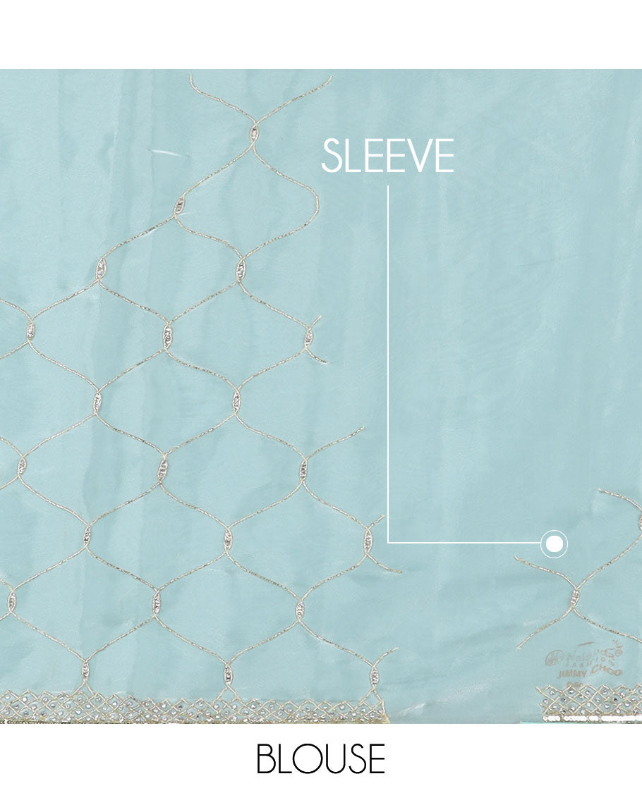 Powder blue ogee patterns kardana embroidered designer saree, stone embroidered border