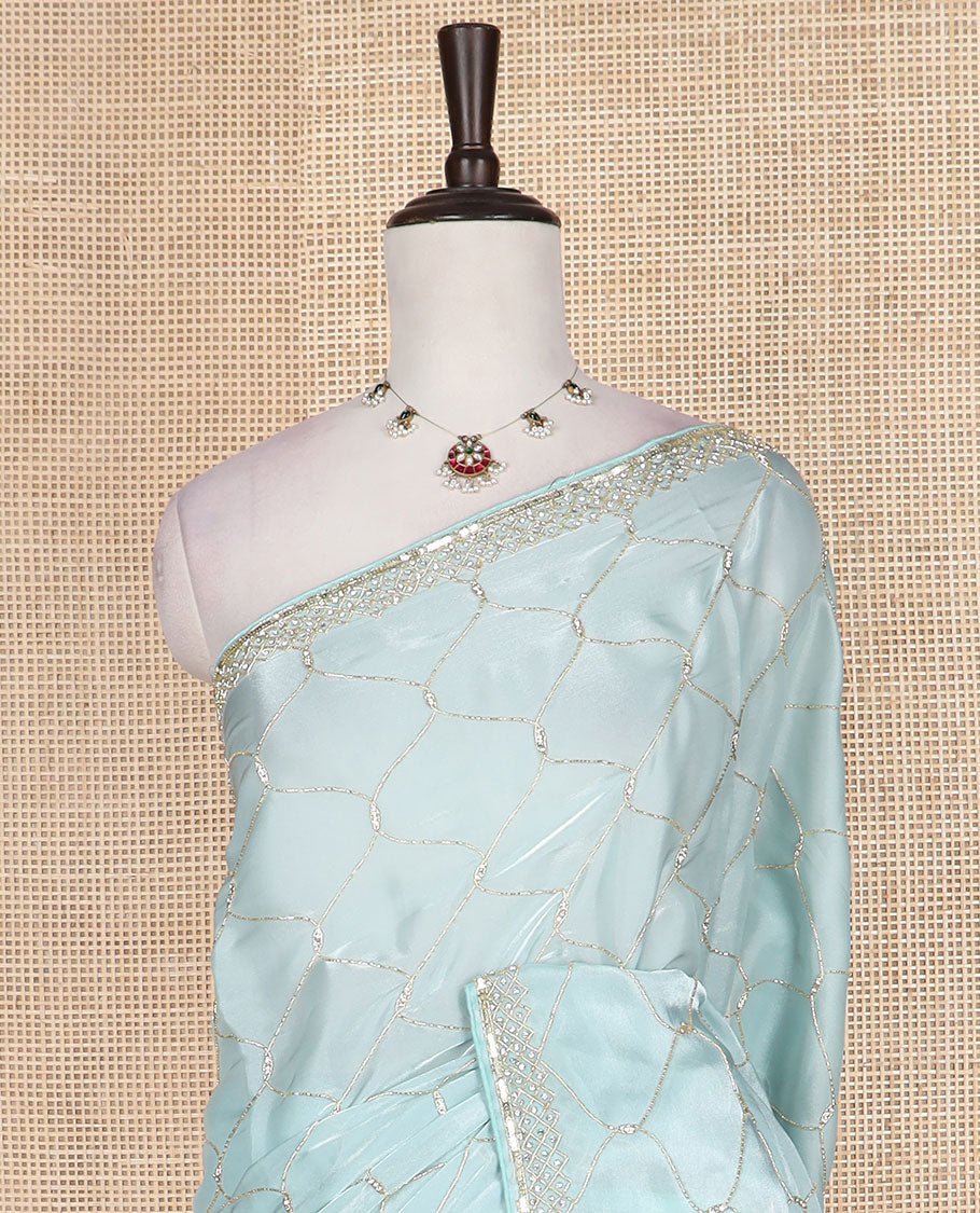 Powder blue ogee patterns kardana embroidered designer saree, stone embroidered border