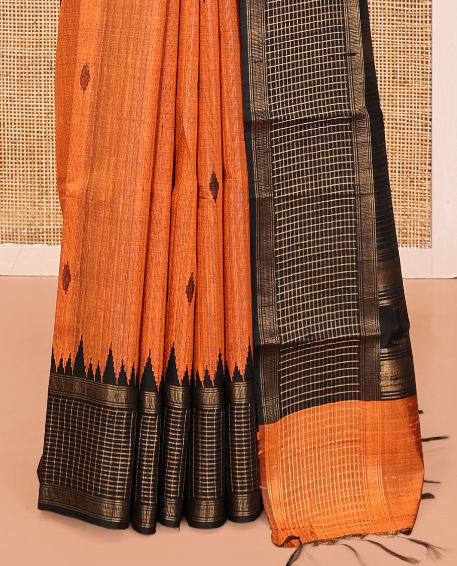Orange Dupion Silk Saree, Adorned with Buttas, Complemented by Contrast Temple-Checked Border, Temple Pallu, and a Contrast Blouse