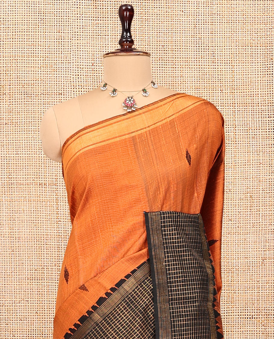 Orange Dupion Silk Saree, Adorned with Buttas, Complemented by Contrast Temple-Checked Border, Temple Pallu, and a Contrast Blouse