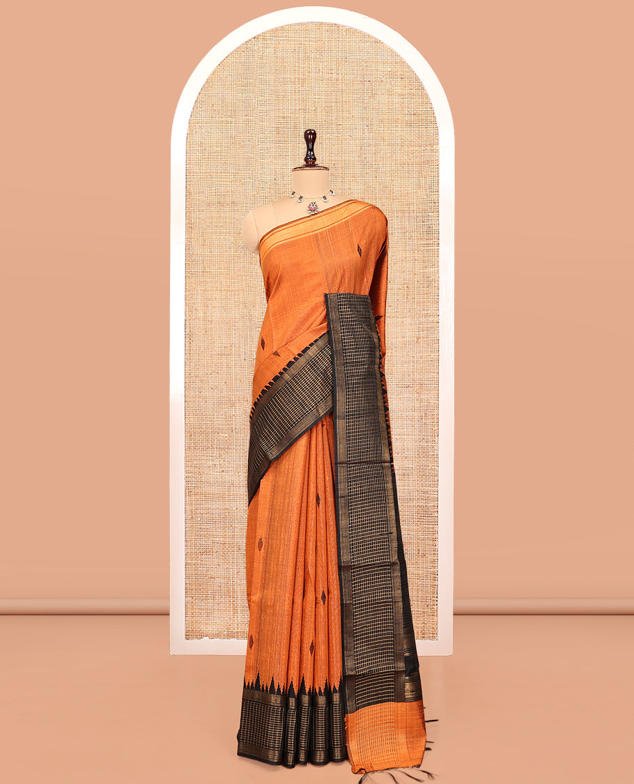 Orange Dupion Silk Saree, Adorned with Buttas, Complemented by Contrast Temple-Checked Border, Temple Pallu, and a Contrast Blouse