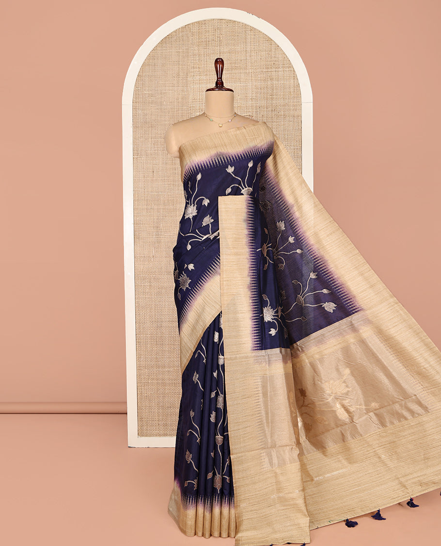 Blue Dupion Silk Saree, Artfully Detailed with Pichwai Lotus Vine, Complemented by Contrast Temple Border, Pallu of Pichwai Lotus Motifs, and a Contrast Blouse