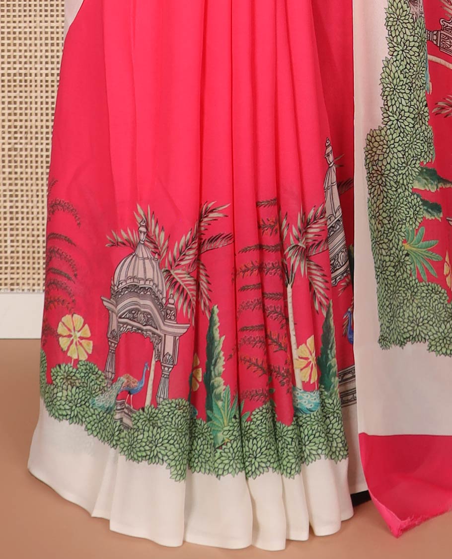Red georgette saree with contrast forest theme design border