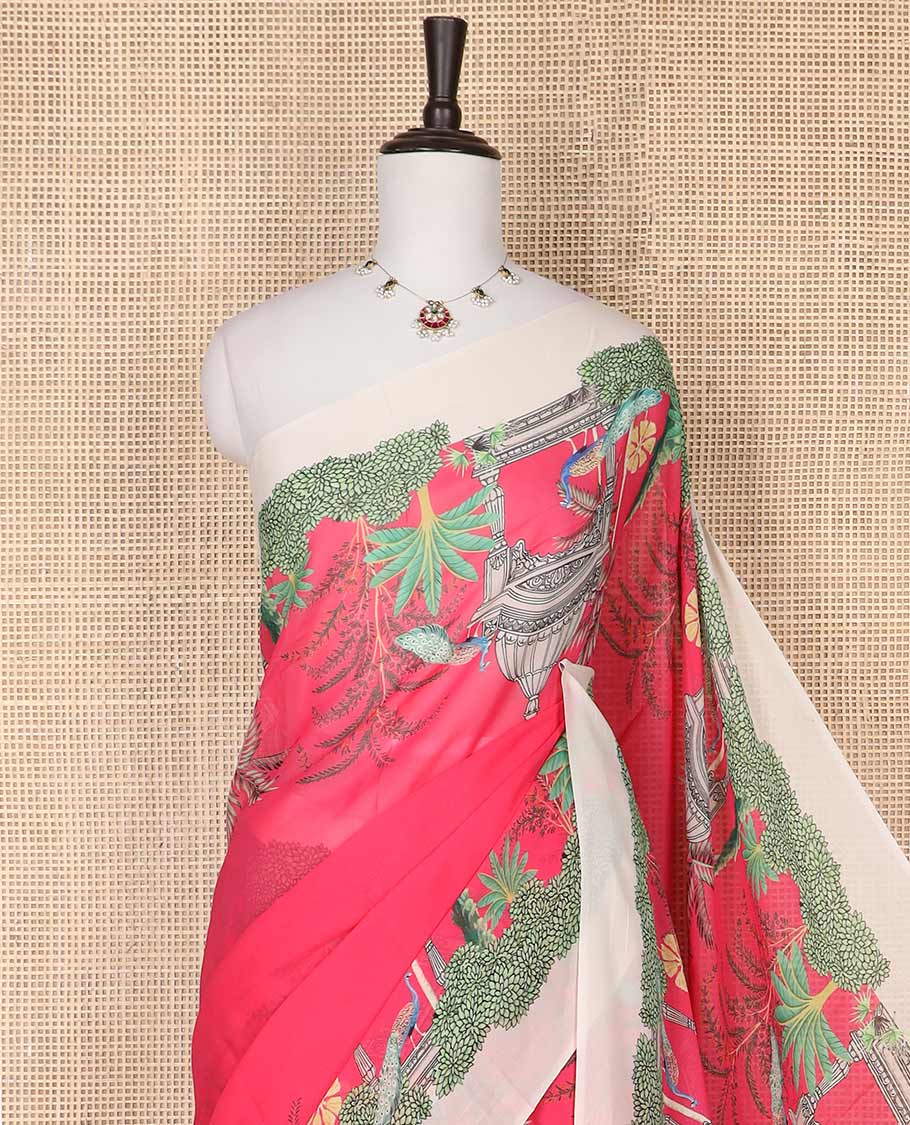 Red georgette saree with contrast forest theme design border