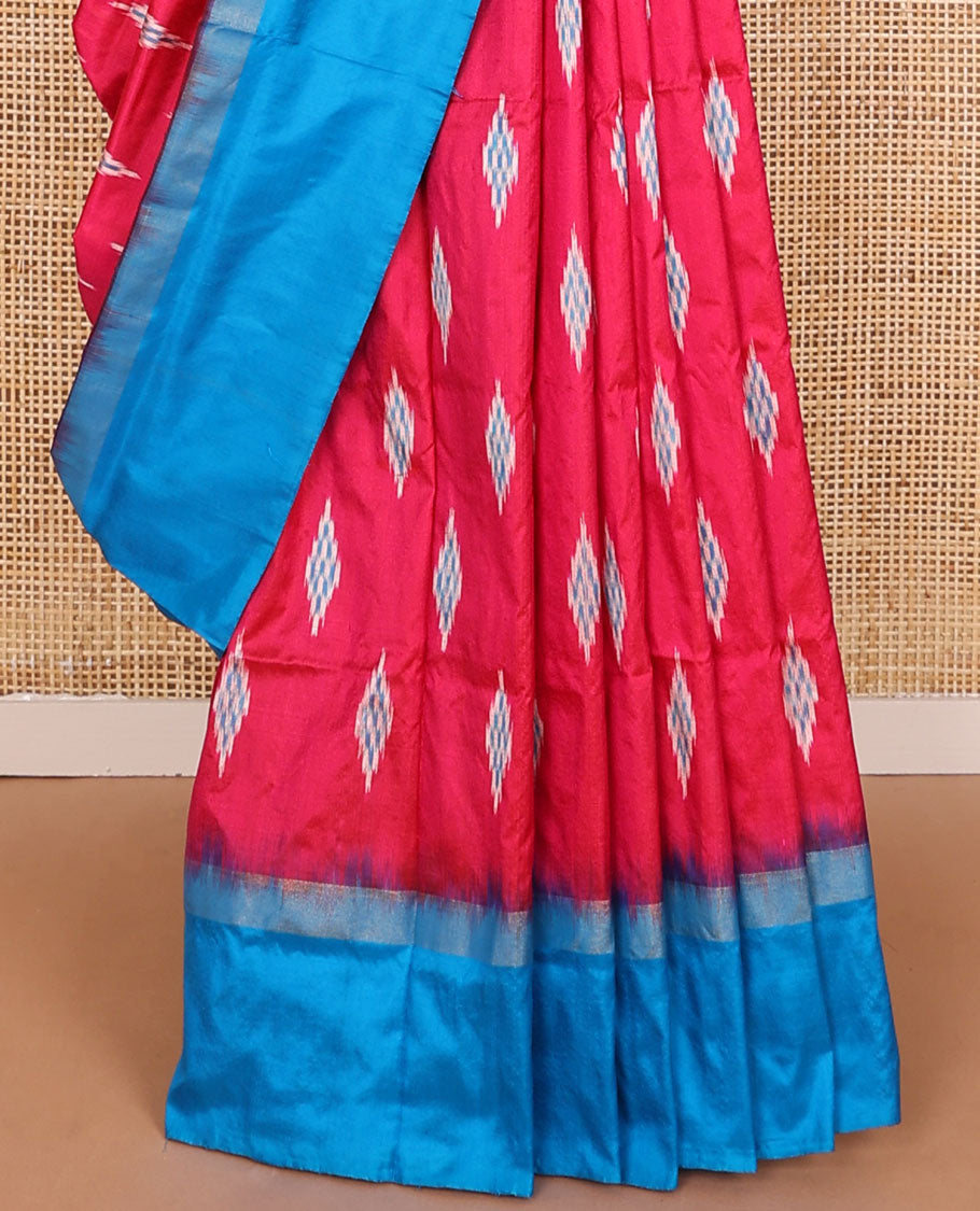 Red ikkat saree with diamond buttas, contrast ikkat design border & pallu of ikkat jaal design