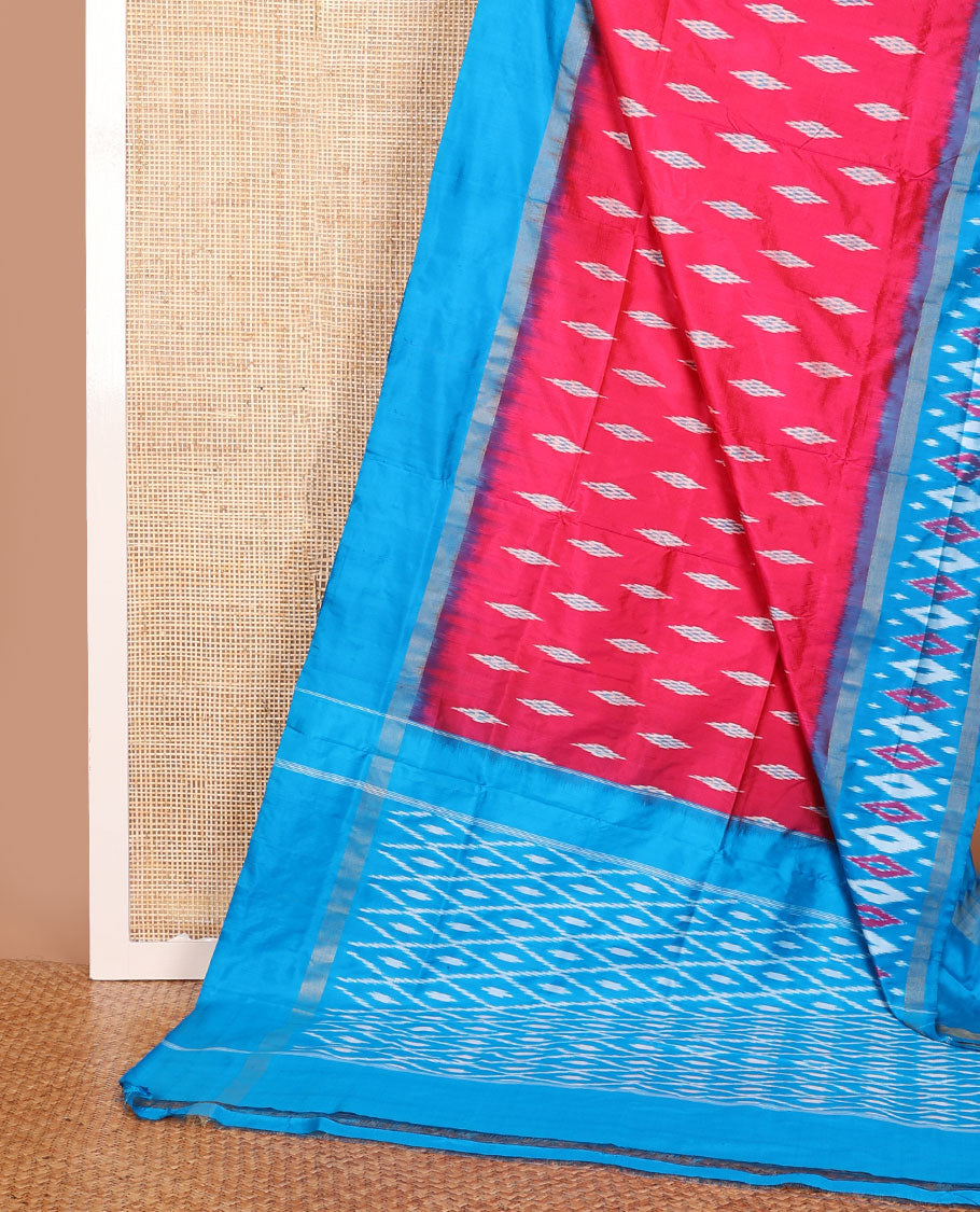 Red ikkat saree with diamond buttas, contrast ikkat design border & pallu of ikkat jaal design