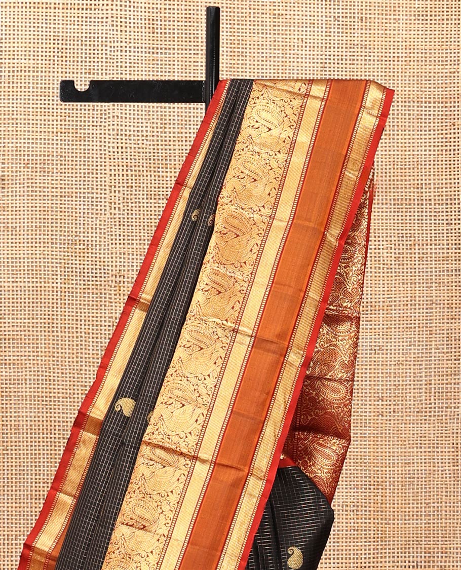 Black Kanchipuram Silk Saree, Woven with Zari Buttas and Checks, Contrast Border of Mayil and Muthu Designs, Intricately Designed Pallu, and Contrast Blouse