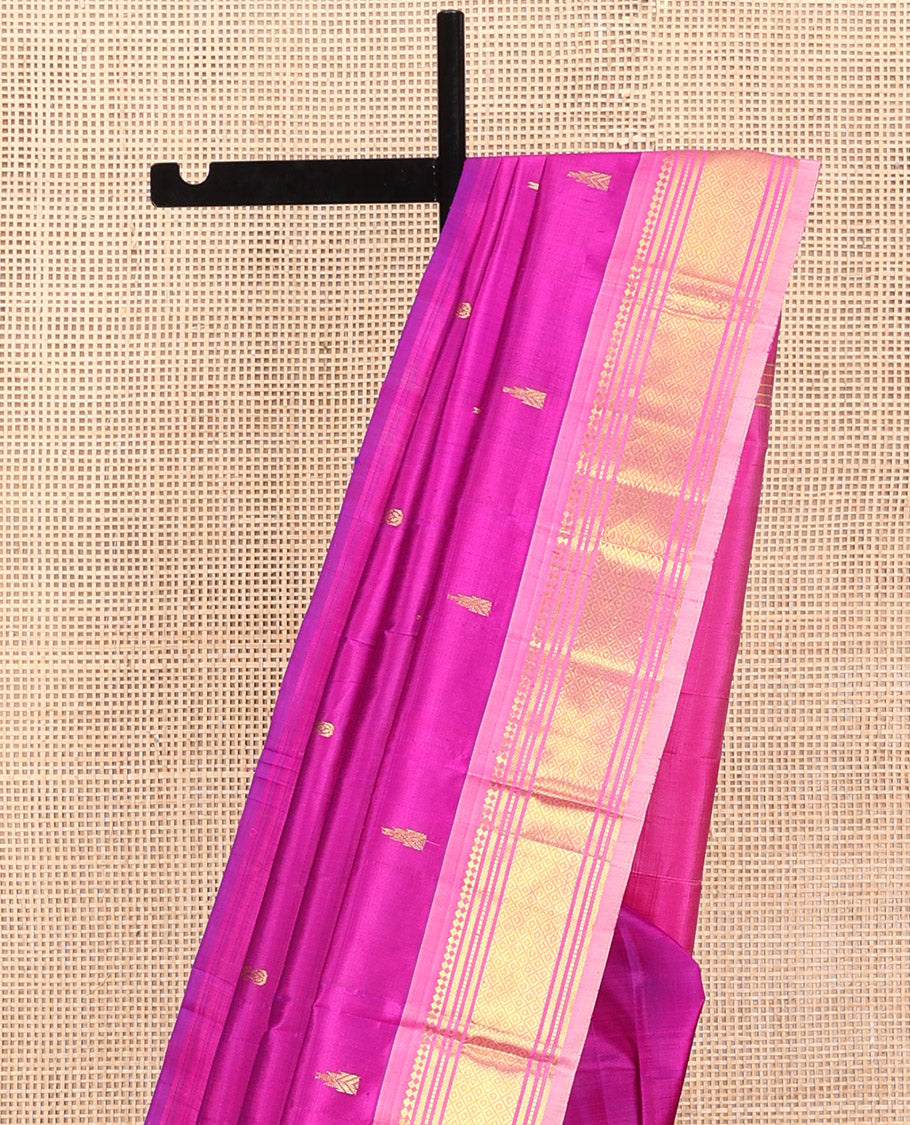 Rani Pink Kanchipuram Silk Saree, Accentuated with Zari Buttas, a Contrast One-Sided Border of Paneer Sombu, Banaras, Muthu, and Jaal Designs, Zari-Woven Pallu, and No Blouse