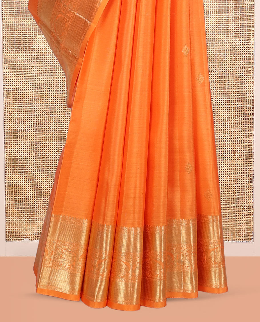 Orange Kanchipuram Silk Saree, Sparsely Woven with Zari Buttas, Highlighted by Zari Border of Thilakam Mokku, and Mayil Designs, Grand Pallu, and Matching Blouse