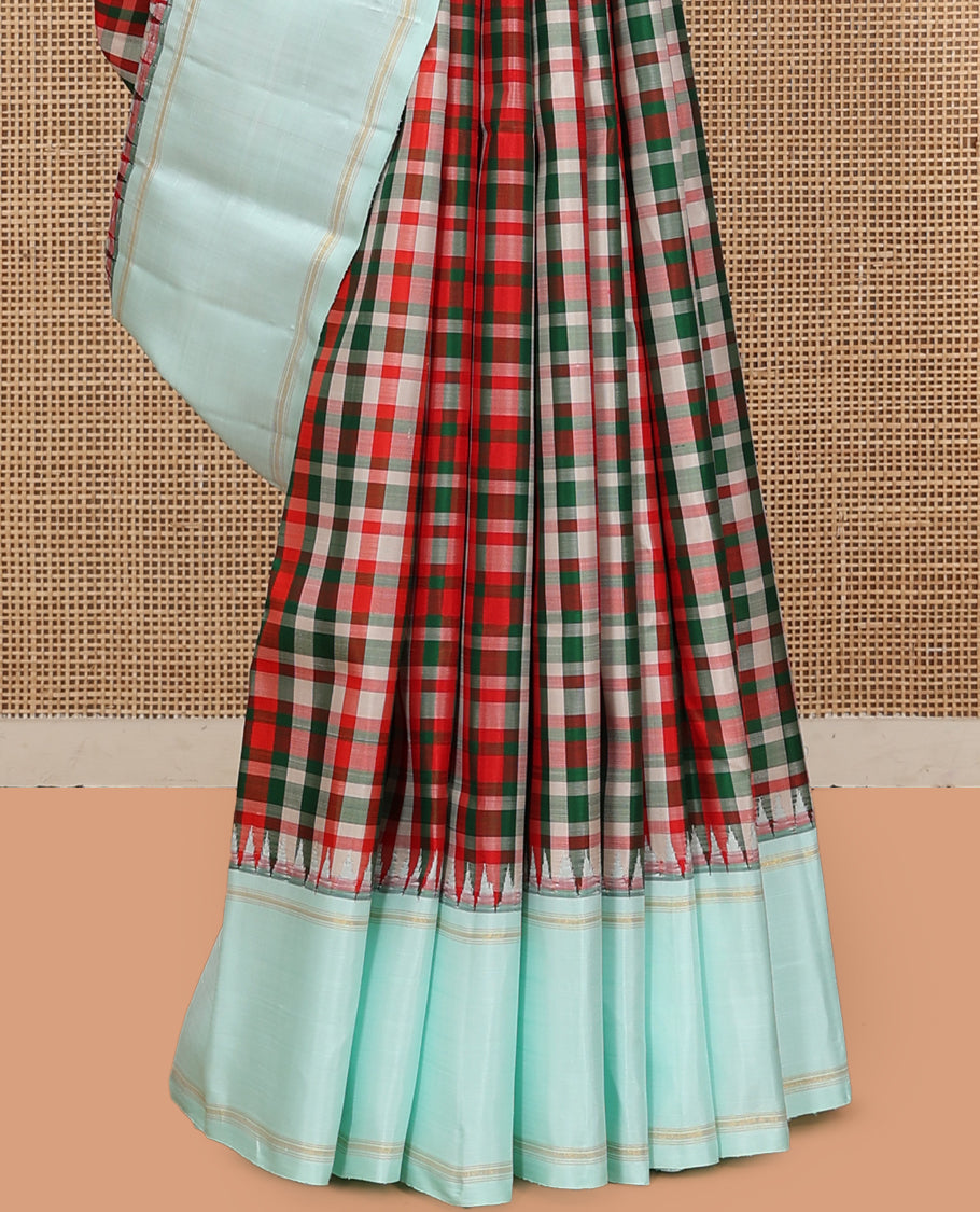 Multi-Color Checked Kanchipuram Silk Saree, Complemented by a Contrast Bodi Thazampoo Rekku Border, Zari Striped Pallu, and a Contrast Blouse