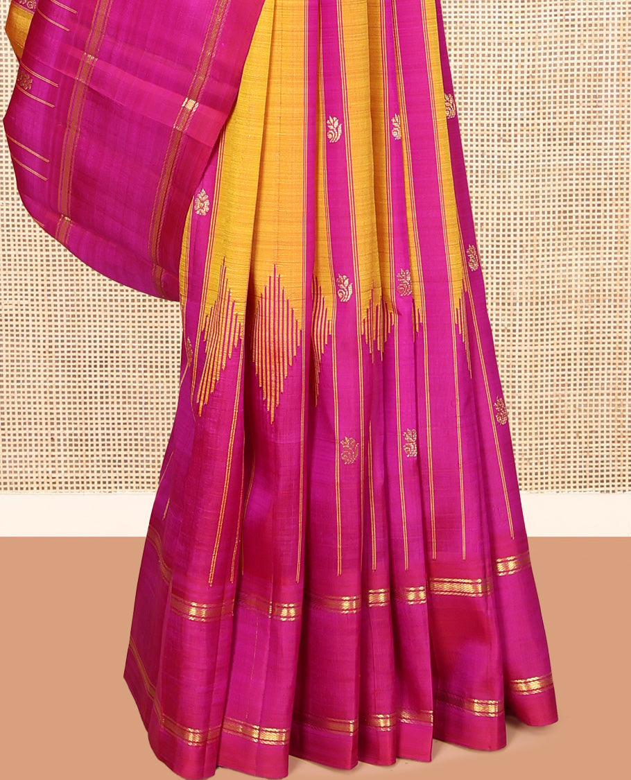 Yellow-Pink Striped Kanchipuram Silk Saree