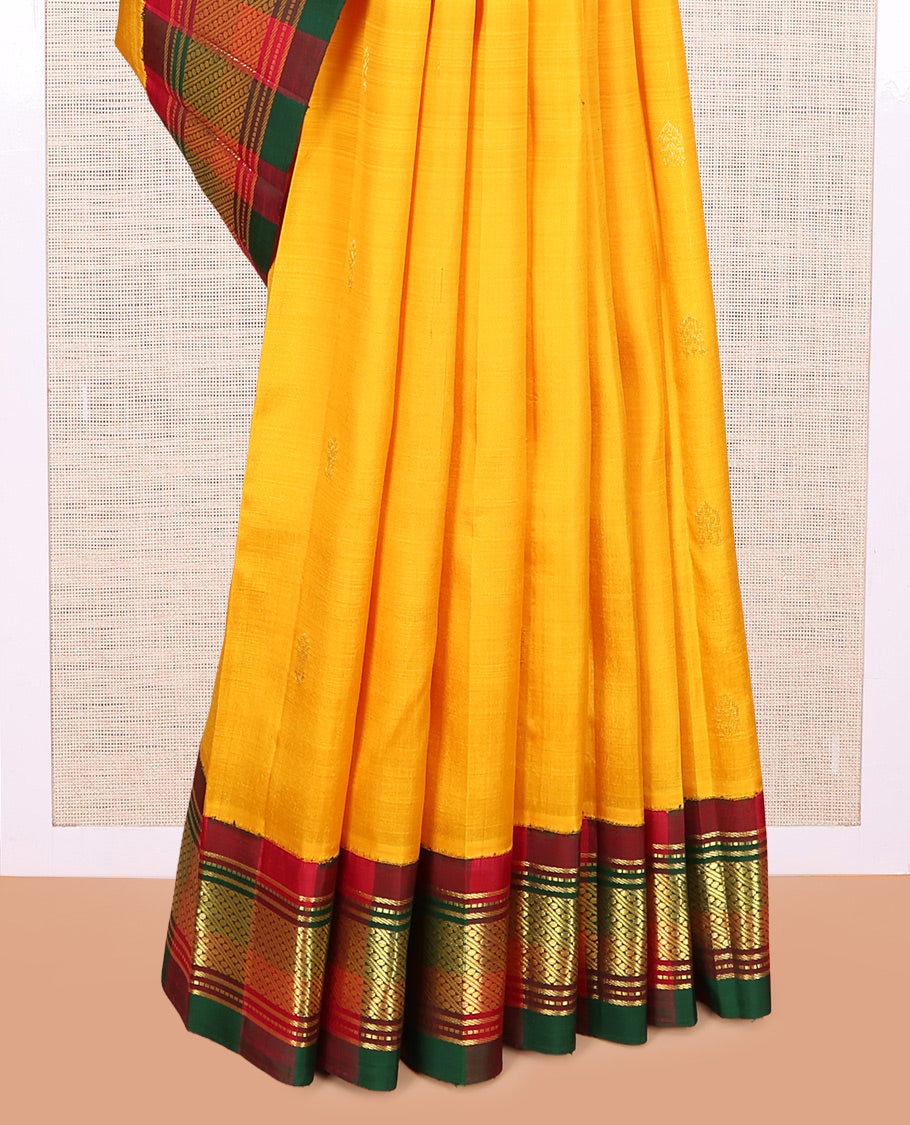 Yellow Kanchipuram Silk Saree, Woven with Zari Buttas, a Contrast One-sided Korvai Traditional Border, Pallu of Zari Designs, and No Blouse