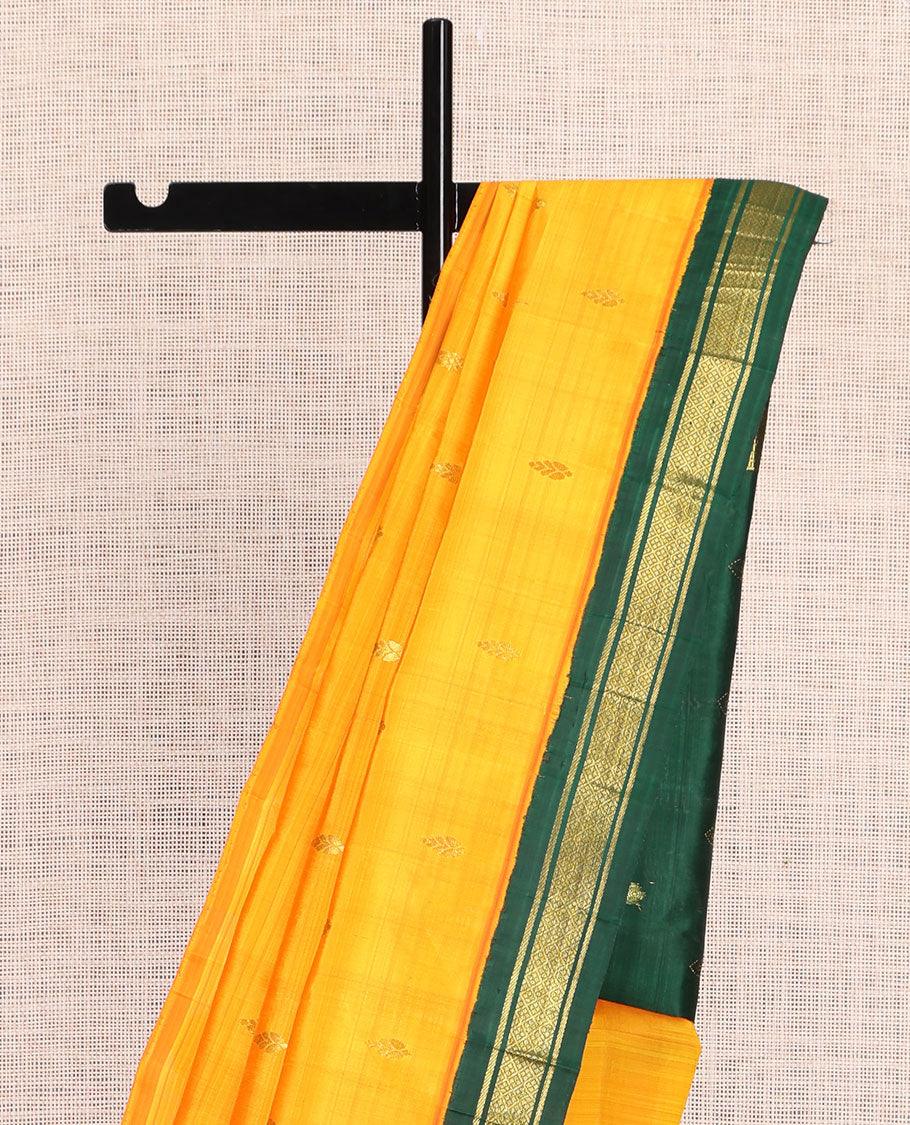 Orange Kanchipuram Silk Saree, Subtly Woven with Zari Buttas, a Contrast Korvai One-Sided Border of Banaras, and Jaal Designs, Zari Design Pallu, and No Blouse