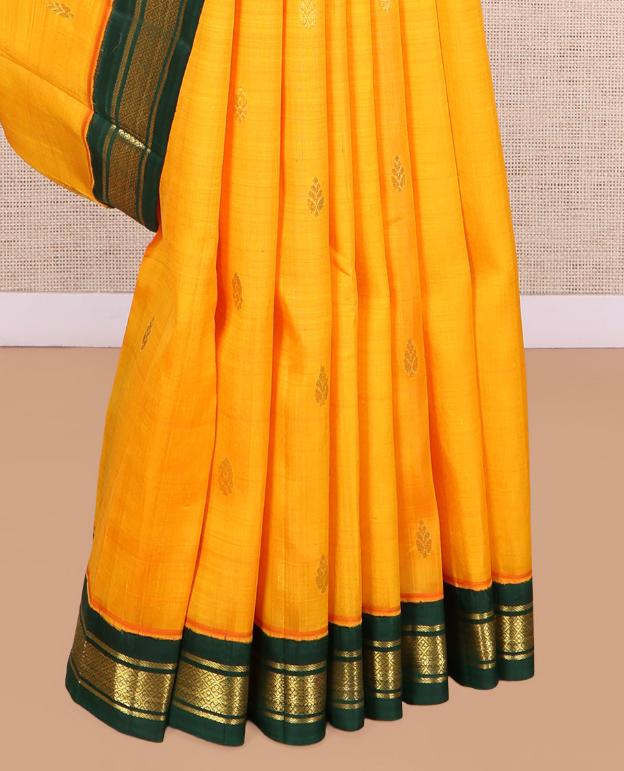 Orange Kanchipuram Silk Saree, Subtly Woven with Zari Buttas, a Contrast Korvai One-Sided Border of Banaras, and Jaal Designs, Zari Design Pallu, and No Blouse