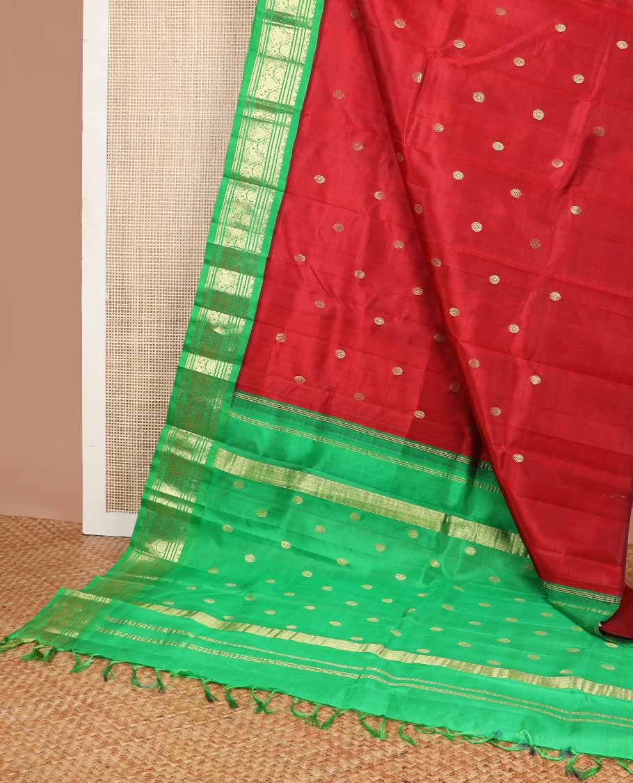 Red buttas kancheepuram silk saree with contrast korvai zari design border & floral design pallu