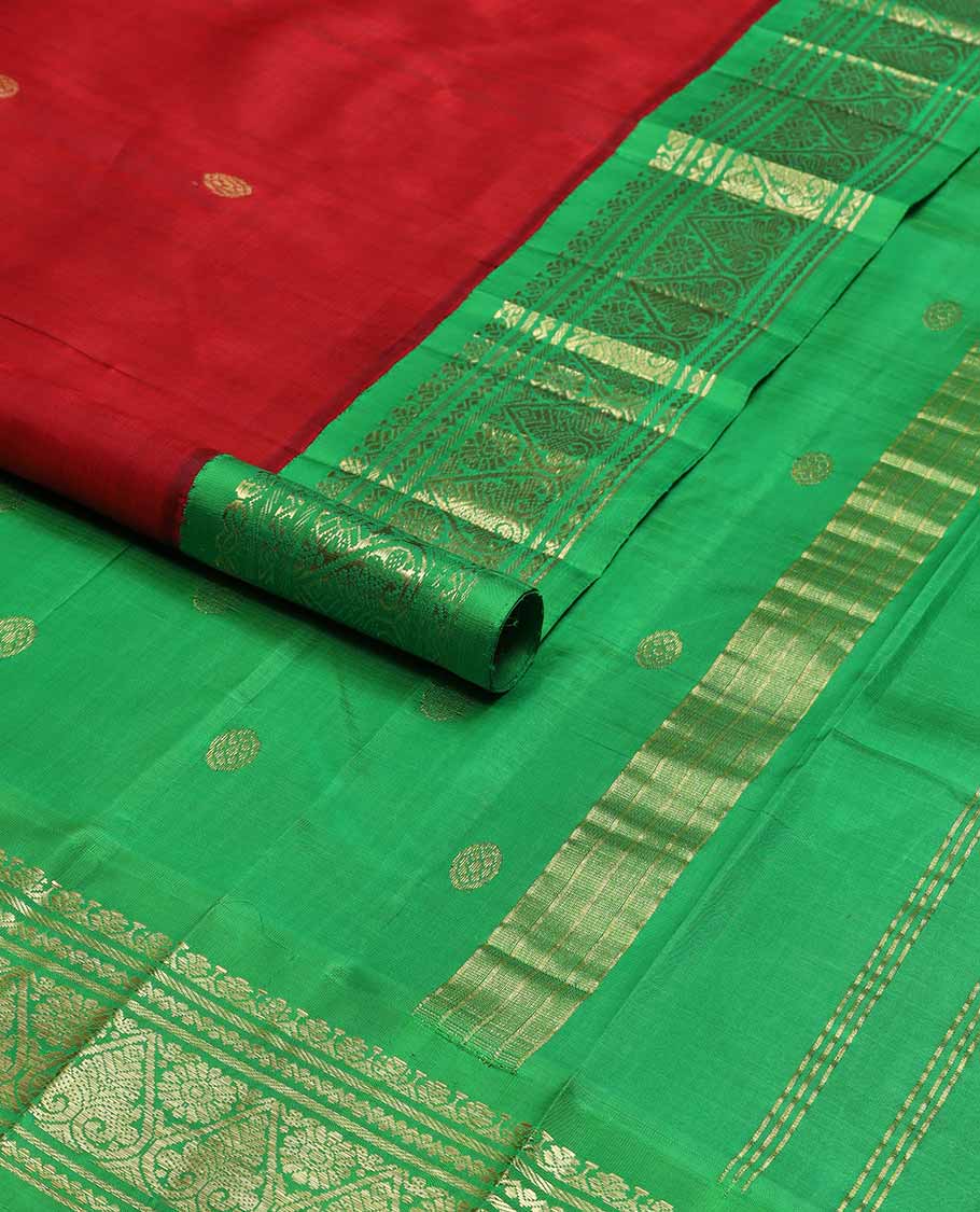 Red buttas kancheepuram silk saree with contrast korvai zari design border & floral design pallu