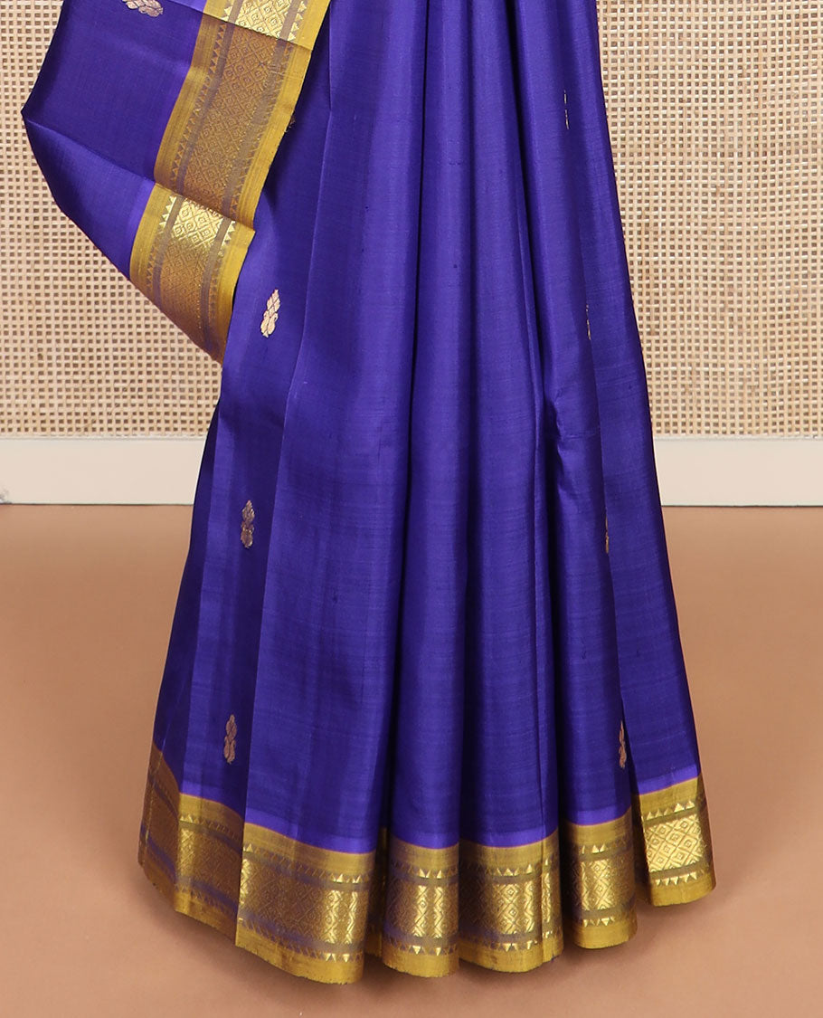 Ultramarine blue zari buttas Kanchipuram silk saree, contrast one-sided border of rekku & mayil kann & zari design pallu