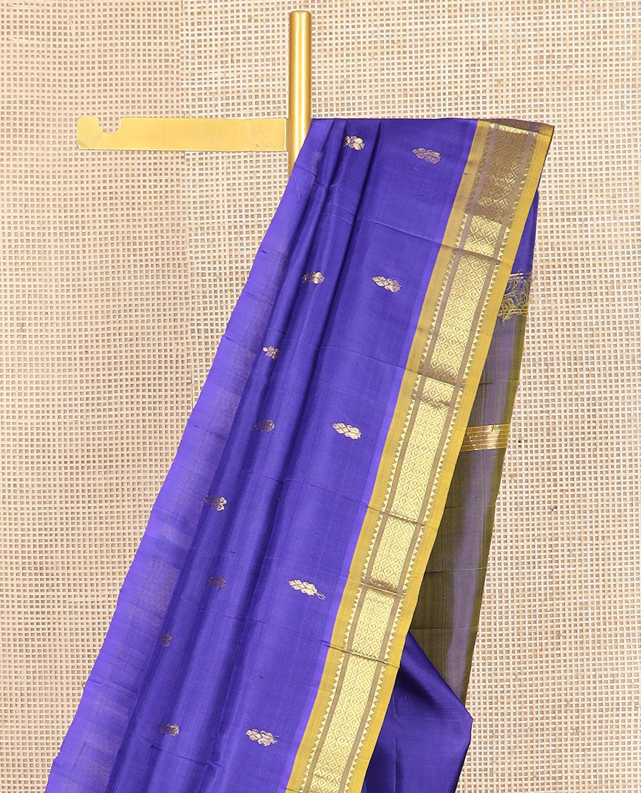 Ultramarine blue zari buttas Kanchipuram silk saree, contrast one-sided border of rekku & mayil kann & zari design pallu