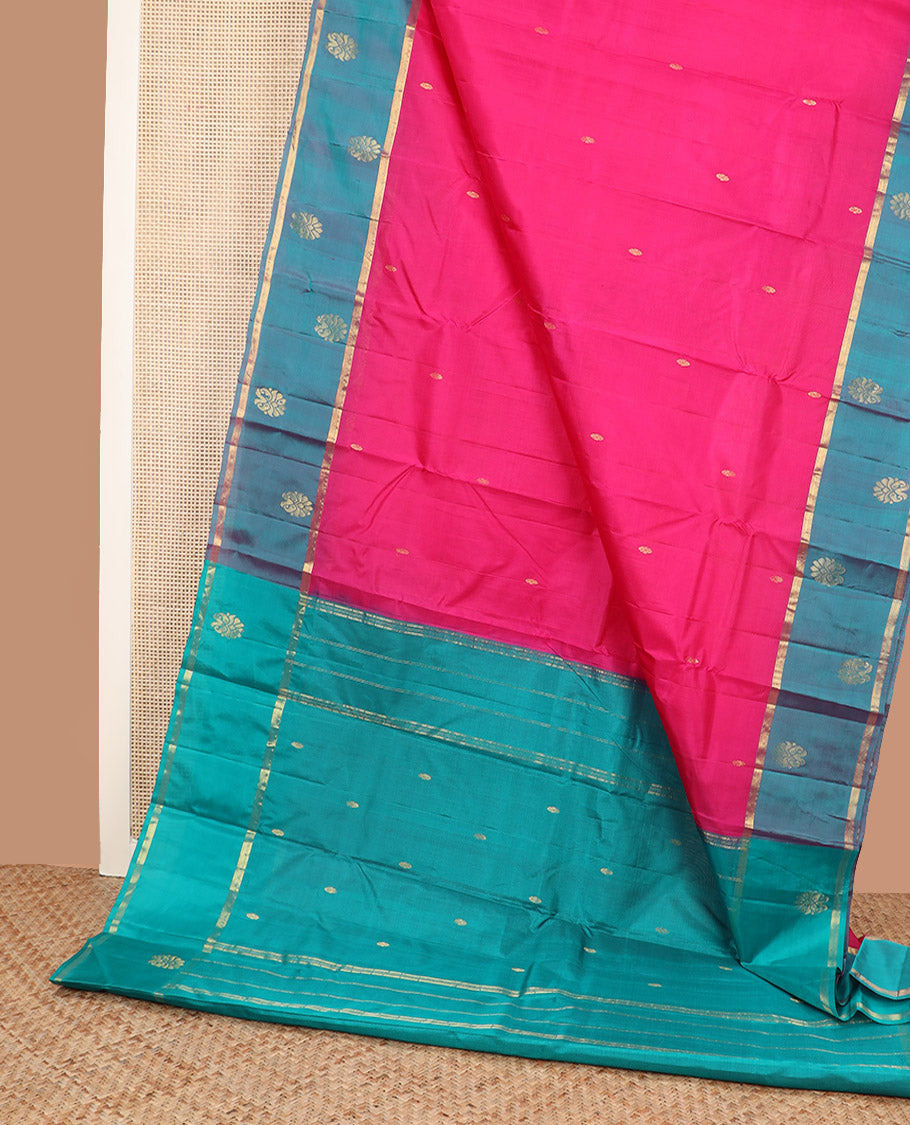 Pink zari buttas Kanchipuram silk saree, contrast zari buttas border, and zari design pallu