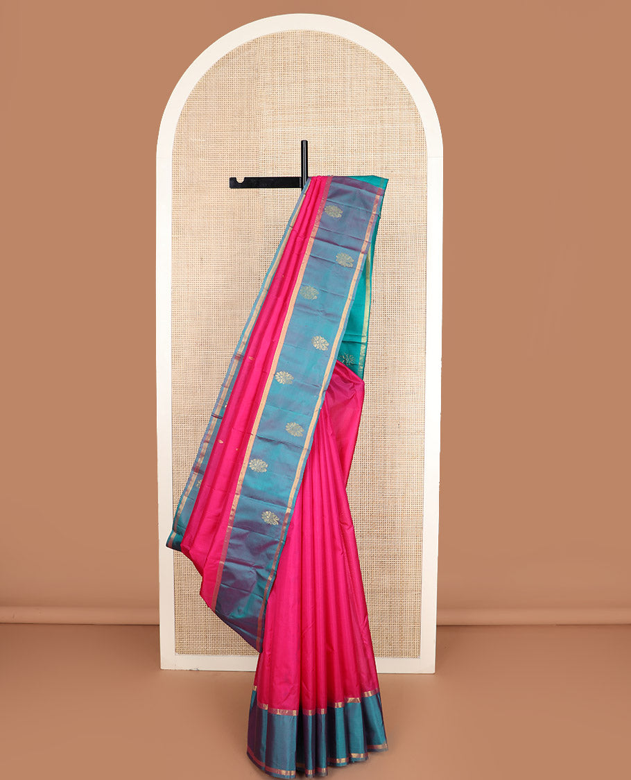 Pink zari buttas Kanchipuram silk saree, contrast zari buttas border, and zari design pallu