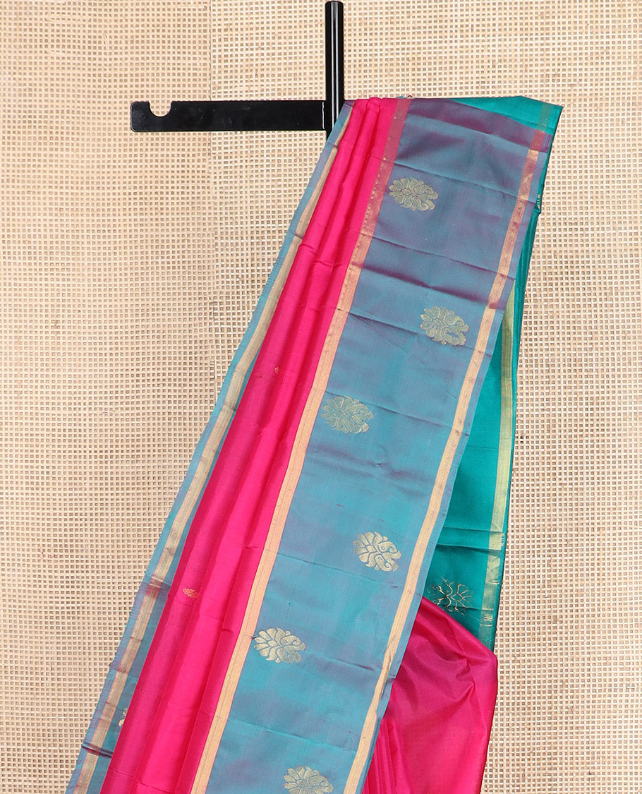 Pink zari buttas Kanchipuram silk saree, contrast zari buttas border, and zari design pallu