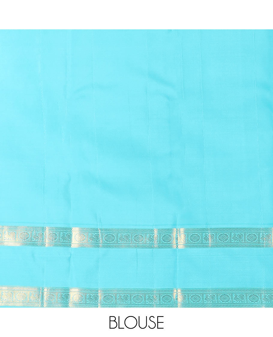 Cream manga buttas Kanchipuram silk saree, contrast rettai pettu border of kathir and annam chakram motifs, and butta enclosed checked pallu