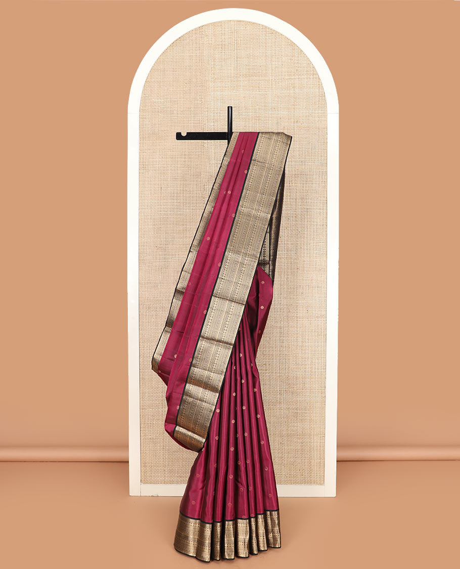 Wine zari buttas Kanchipuram silk saree, contrast border of bentex, kathir, rudraksham, and kamalam designs, and vanki design pallu