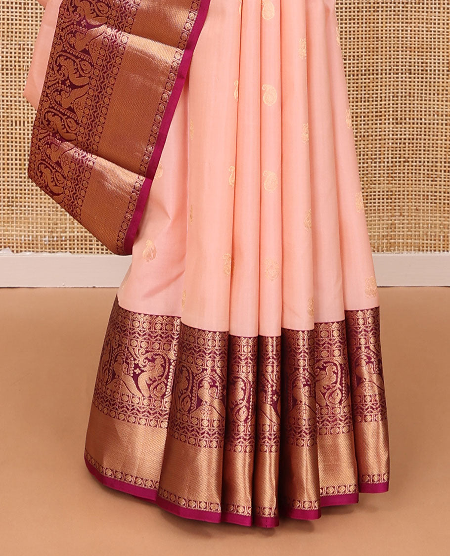Pink zari buttas silk saree, contrast border of rudraksham,rettai neli, manga & mayil designs & jaal pallu