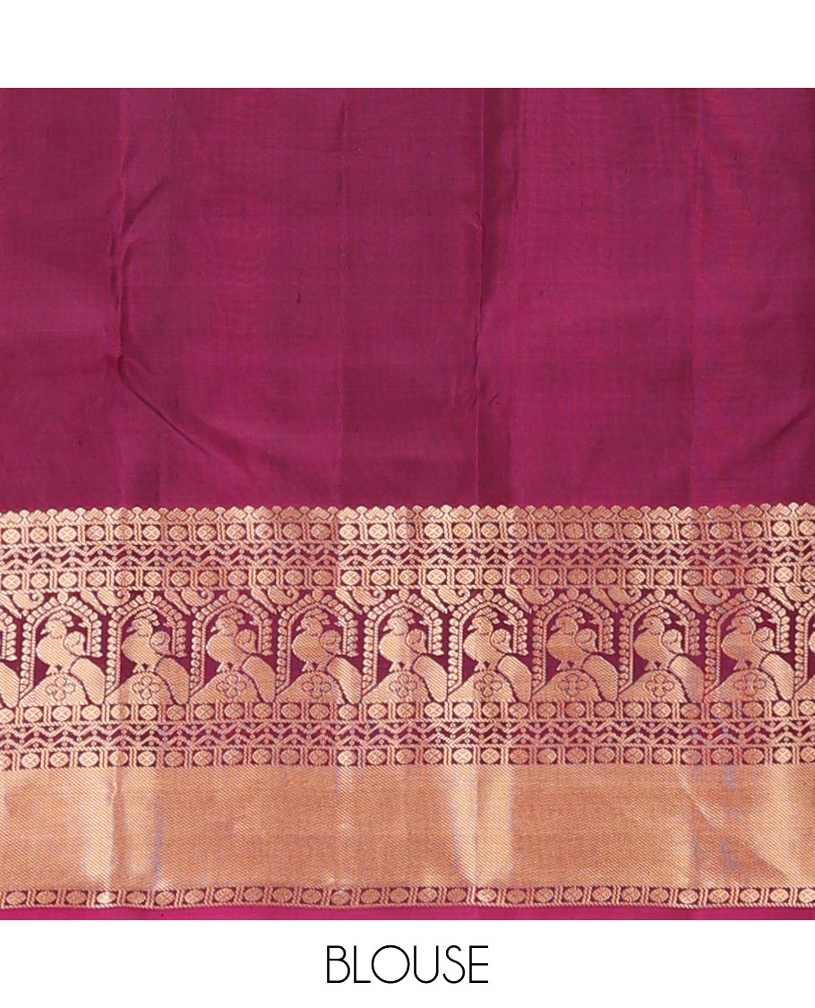Pink zari buttas silk saree, contrast border of rudraksham,rettai neli, manga & mayil designs & jaal pallu