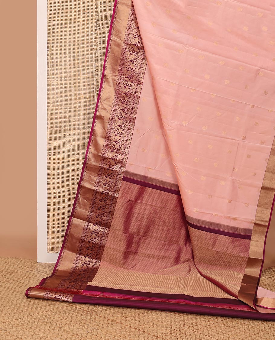 Pink zari buttas silk saree, contrast border of rudraksham,rettai neli, manga & mayil designs & jaal pallu
