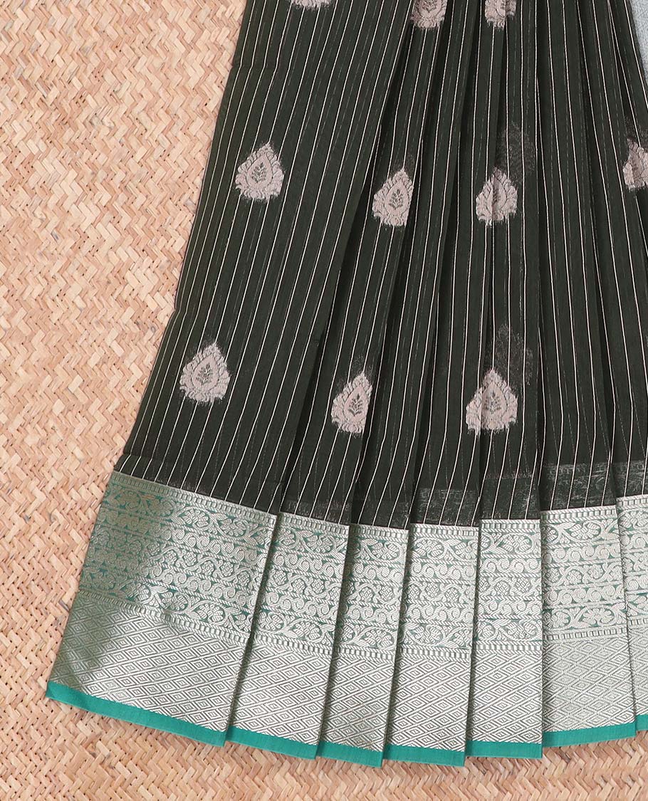 Black striped, floral motifs kora cotton saree with contrast zari design border & intricate zari design pallu